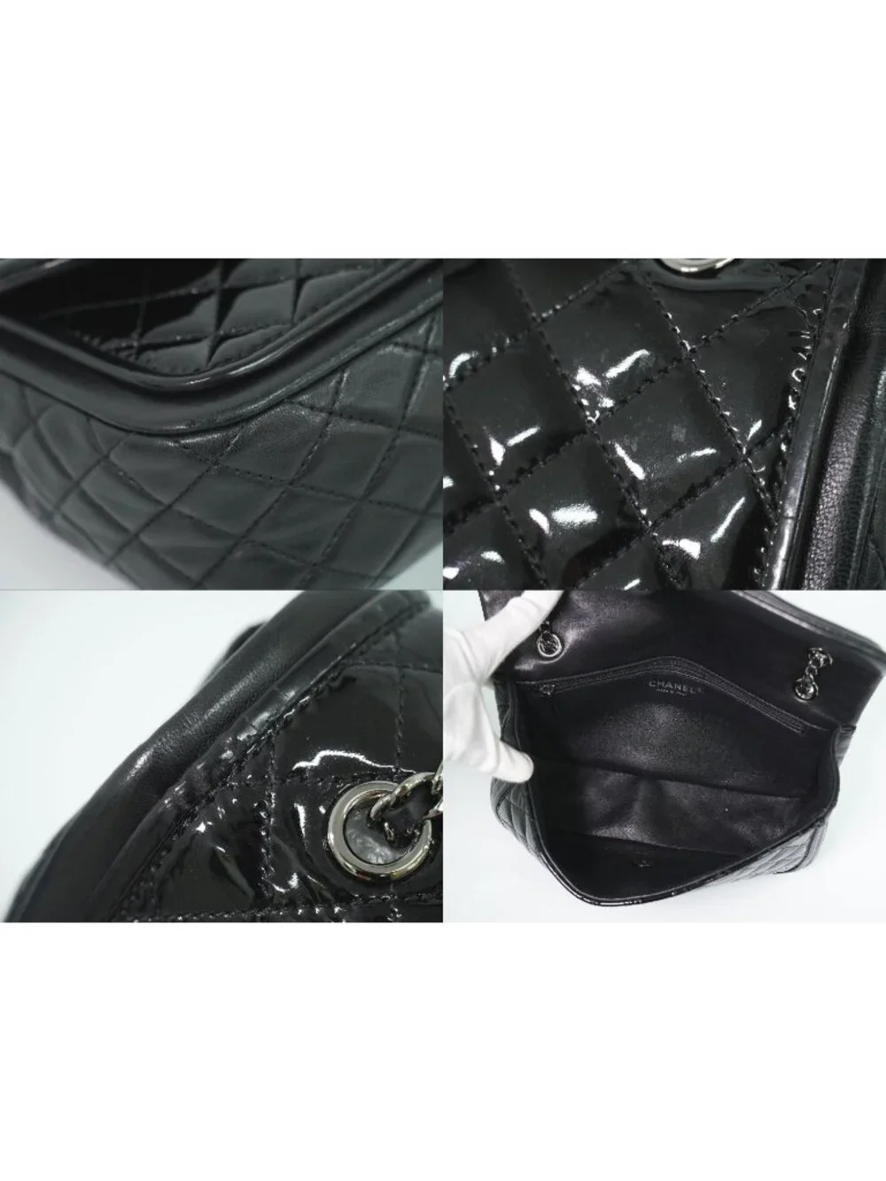 Chanel CC Logo Quilted Chain Shoulder Bag Patent Leather Black